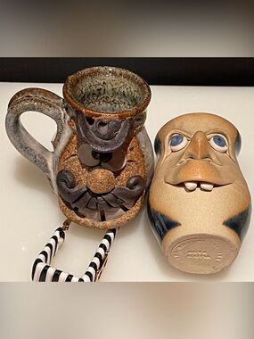 Handcrafted Ceramic Character Toothpick Holder in Tan, Blue & Rustic Brown